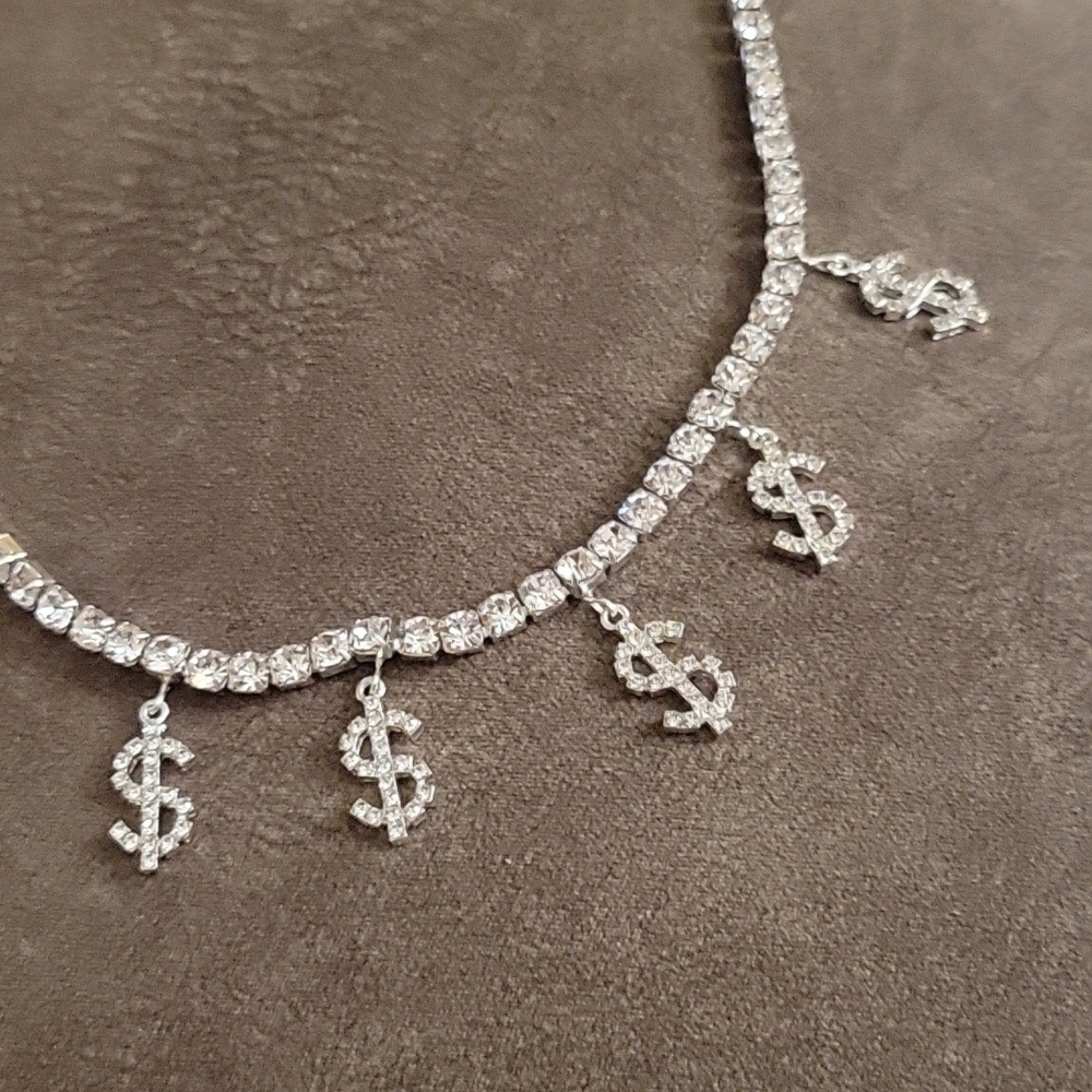 RHINESTONE Bling Dollar Sign Hip Hop Necklace Anklet Set - Picture 8 of 10